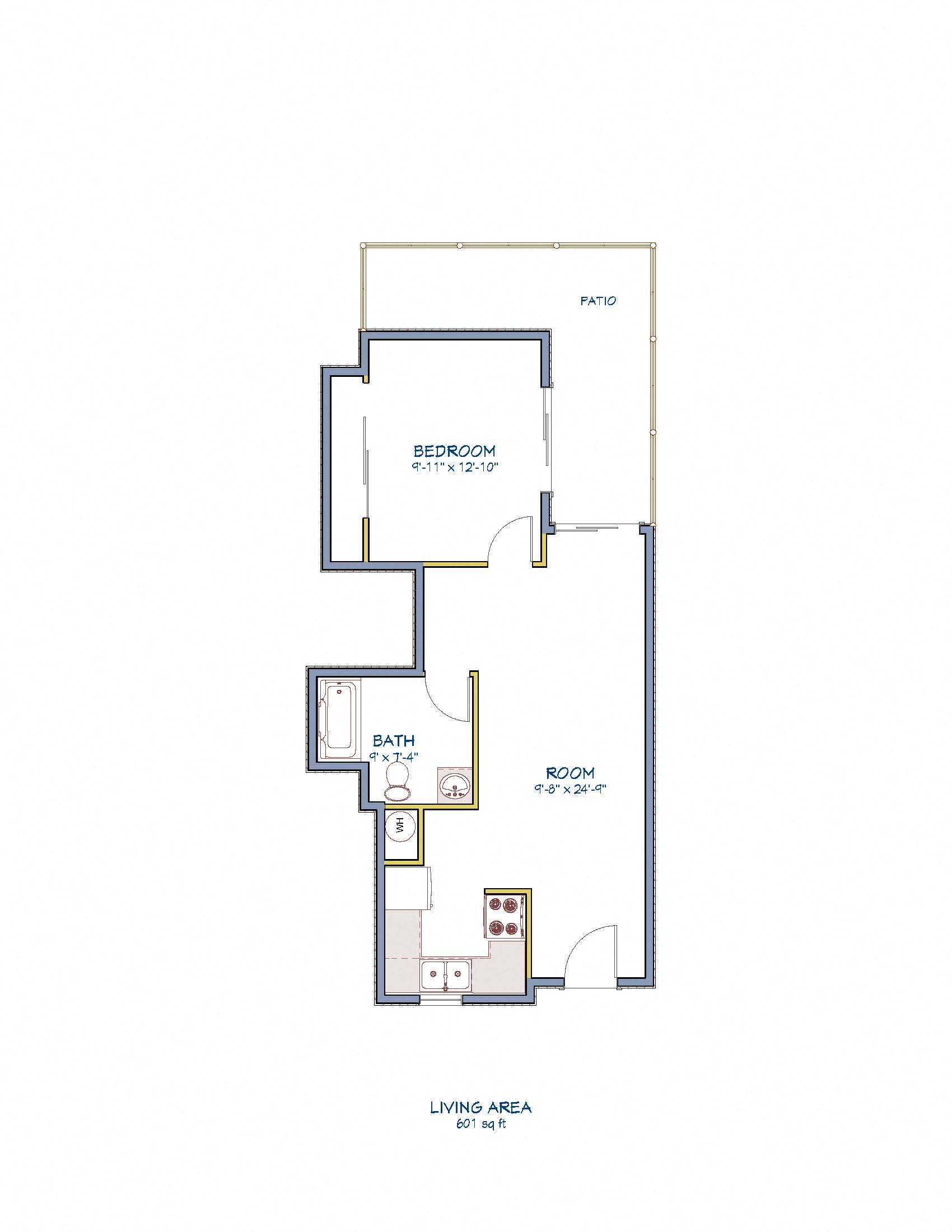 Floor plan for 1 bed, 1 bath, 780 sqft